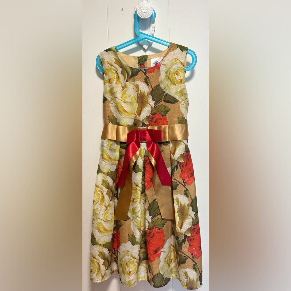 Floral Sleeveless Dress with Red and Gold Bow